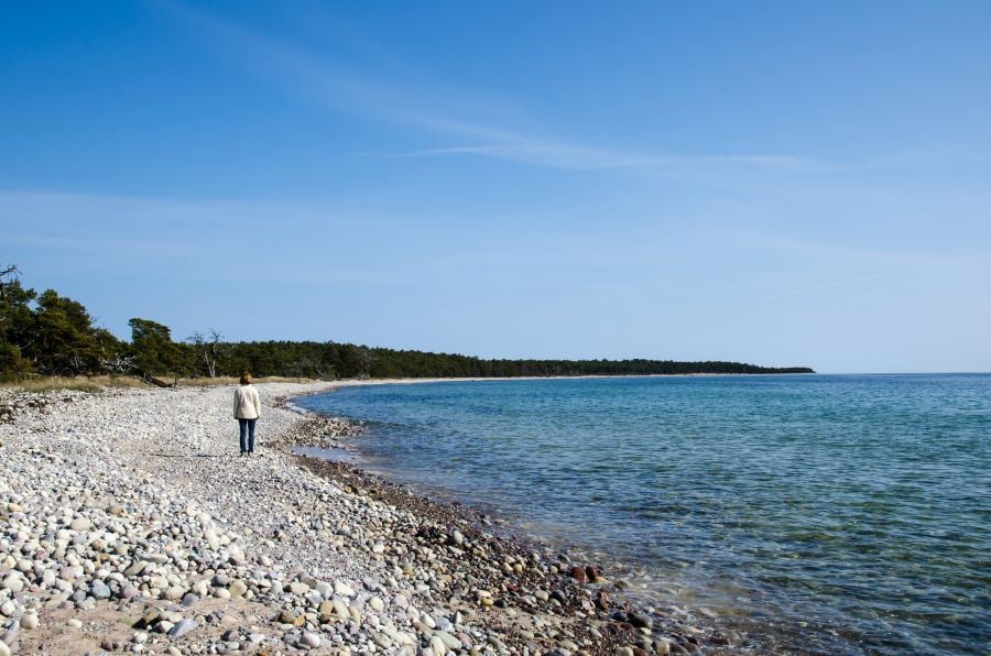En stenig strand med en person som vandrar längs med vattenbrynet